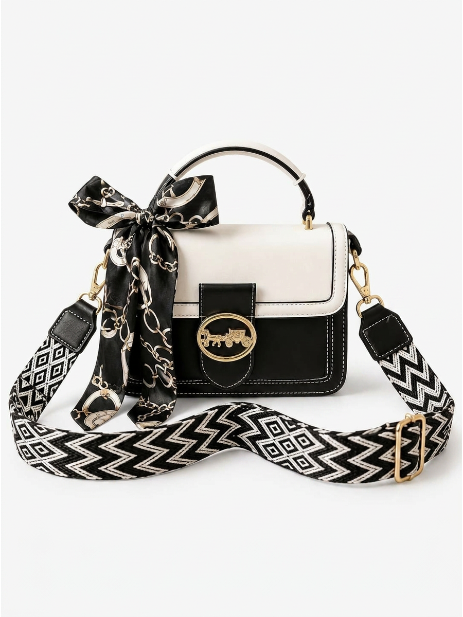 Luxe Top Handle Handbag with Printed Strap & Silk Scarf