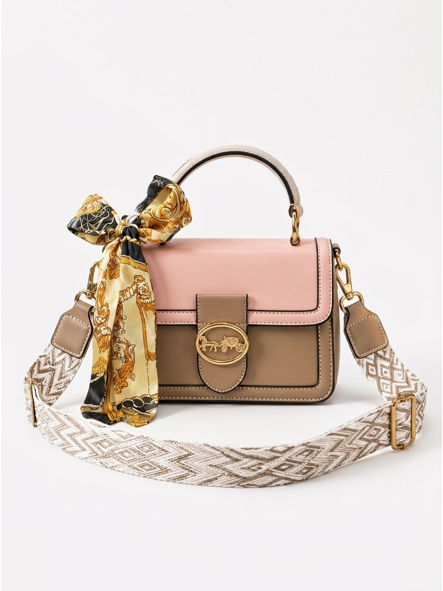 Luxe Top Handle Handbag with Printed Strap & Silk Scarf
