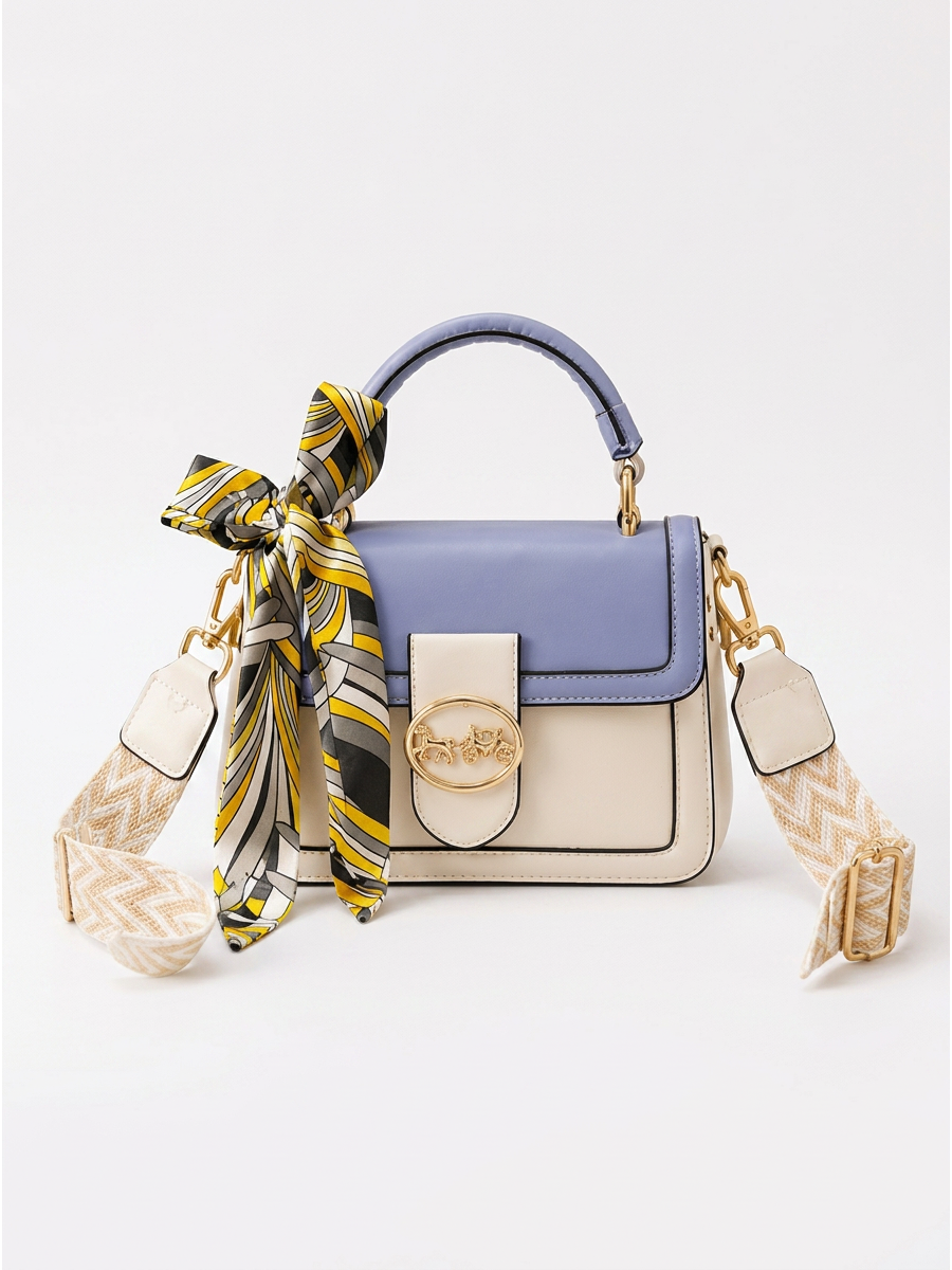 Luxe Top Handle Handbag with Printed Strap & Silk Scarf