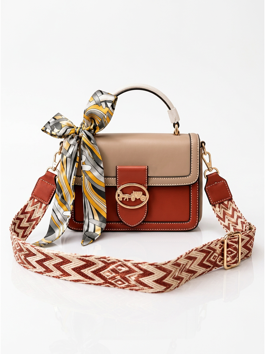 Luxe Top Handle Handbag with Printed Strap & Silk Scarf