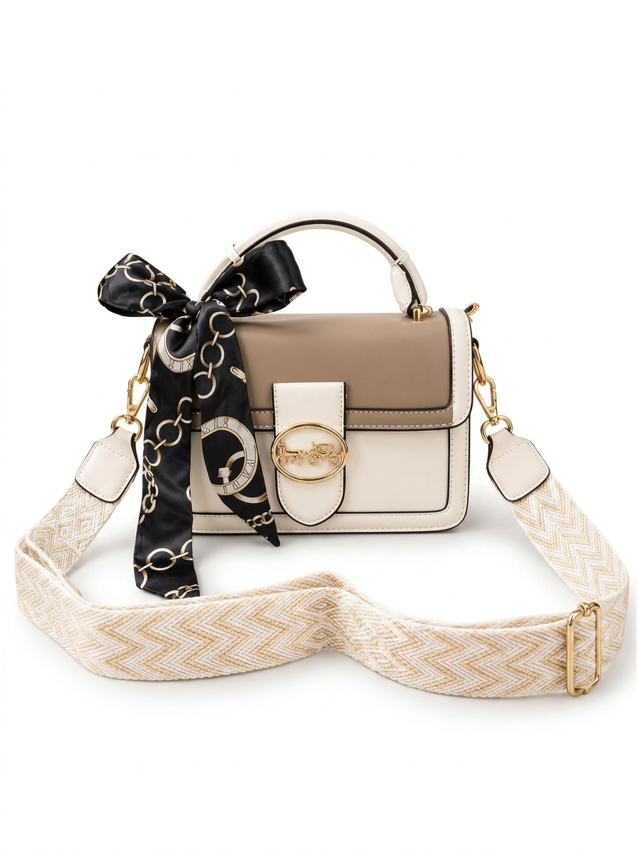 Luxe Top Handle Handbag with Printed Strap & Silk Scarf