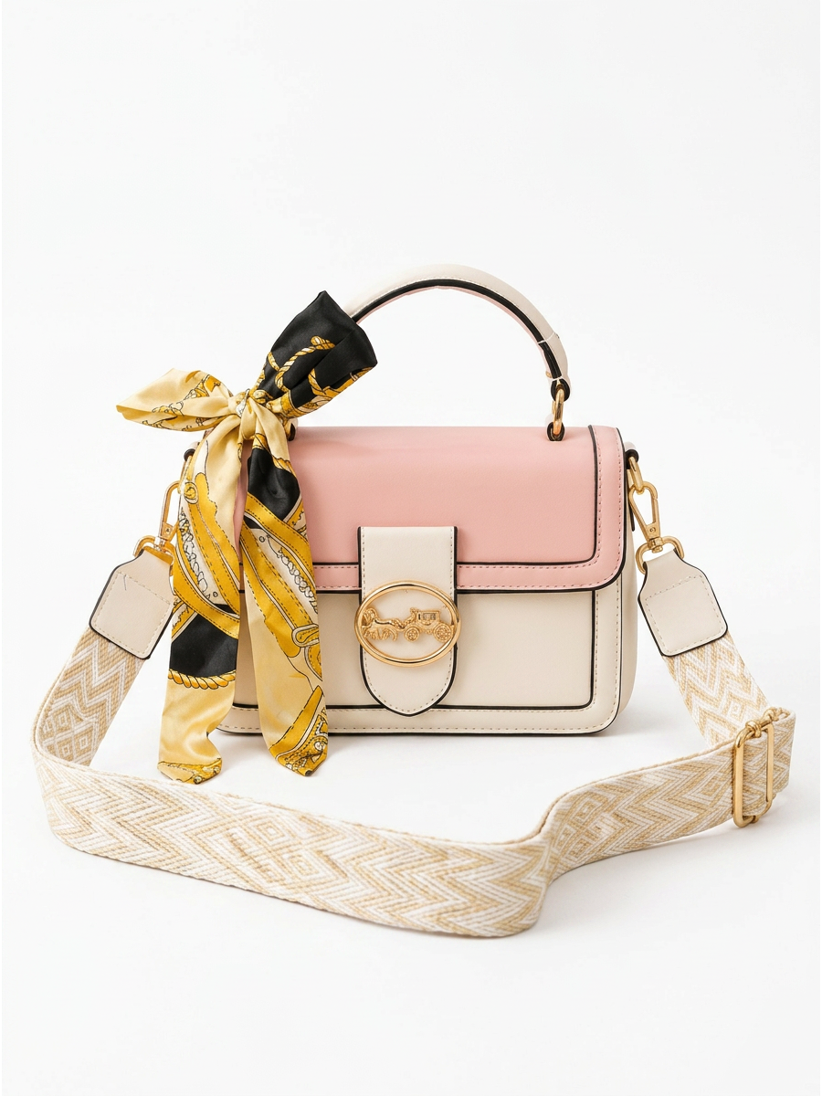 Luxe Top Handle Handbag with Printed Strap & Silk Scarf
