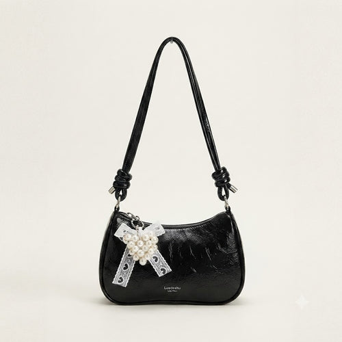 Chic Pearl & Lace Bow Underarm Shoulder Bag – Stylish Faux Leather Crossbody Purse