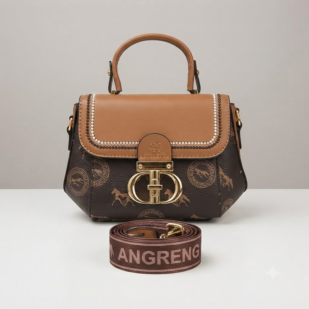 Luxury Monogram Top-Handle Satchel – Elegant Faux Leather Crossbody Bag with Printed Wide Strap