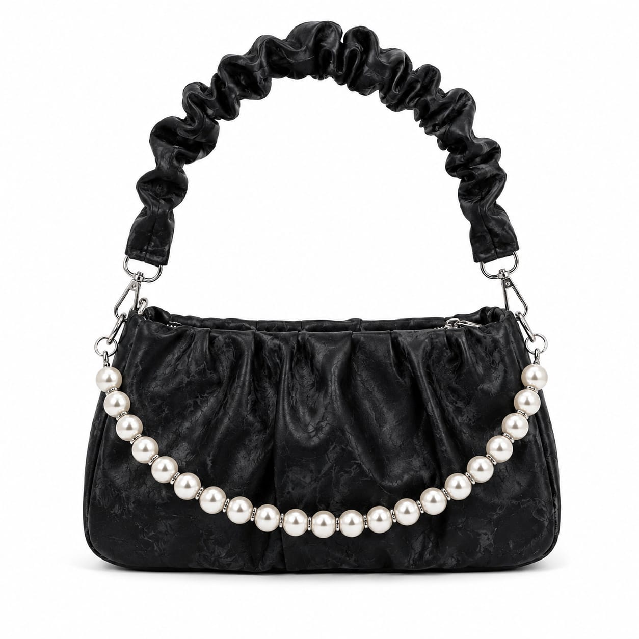 Marble Texture Pearl Shoulder Handbag for Women – Premium Ruched Top Handle Purse