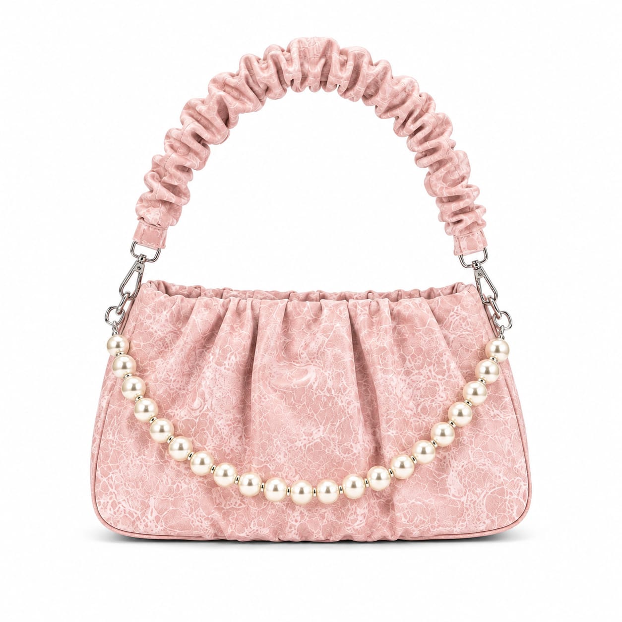 Marble Texture Pearl Shoulder Handbag for Women – Premium Ruched Top Handle Purse